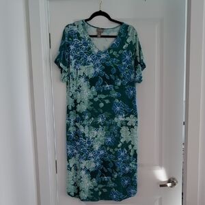 Chico's Blue and Green Flutter Sleeve Sheath Dress